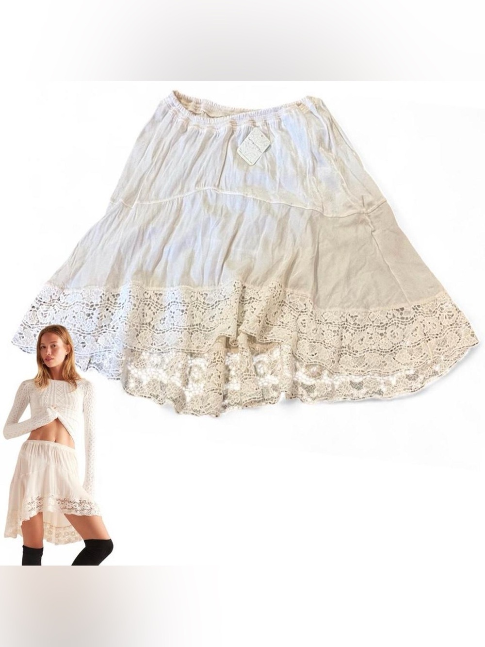 Free People Cream Crochet-Trim High-Low Skirt!